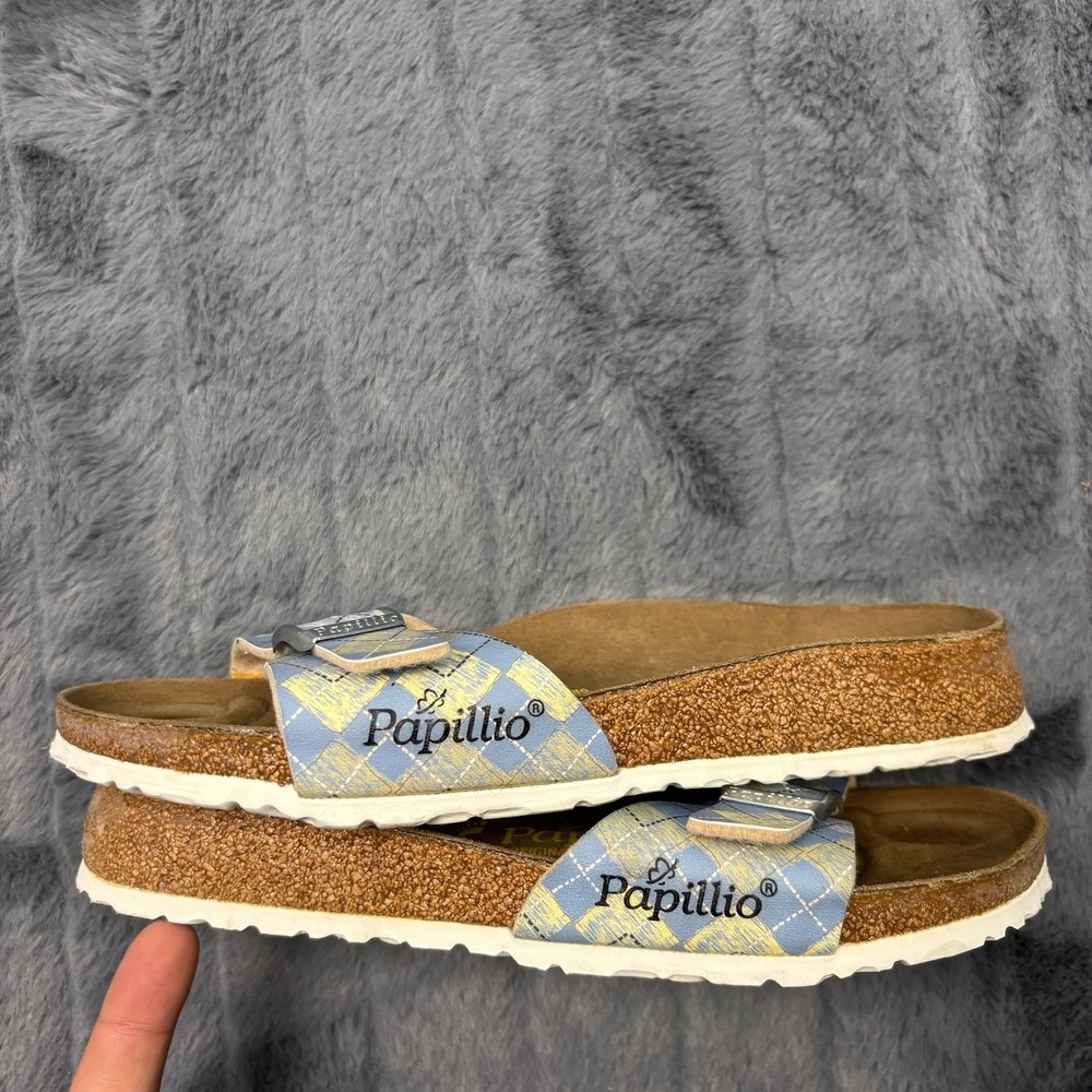 Papillio Birkenstock Madrid Sandals 38 Blue Yellow Argyle Plaid Slides 10586